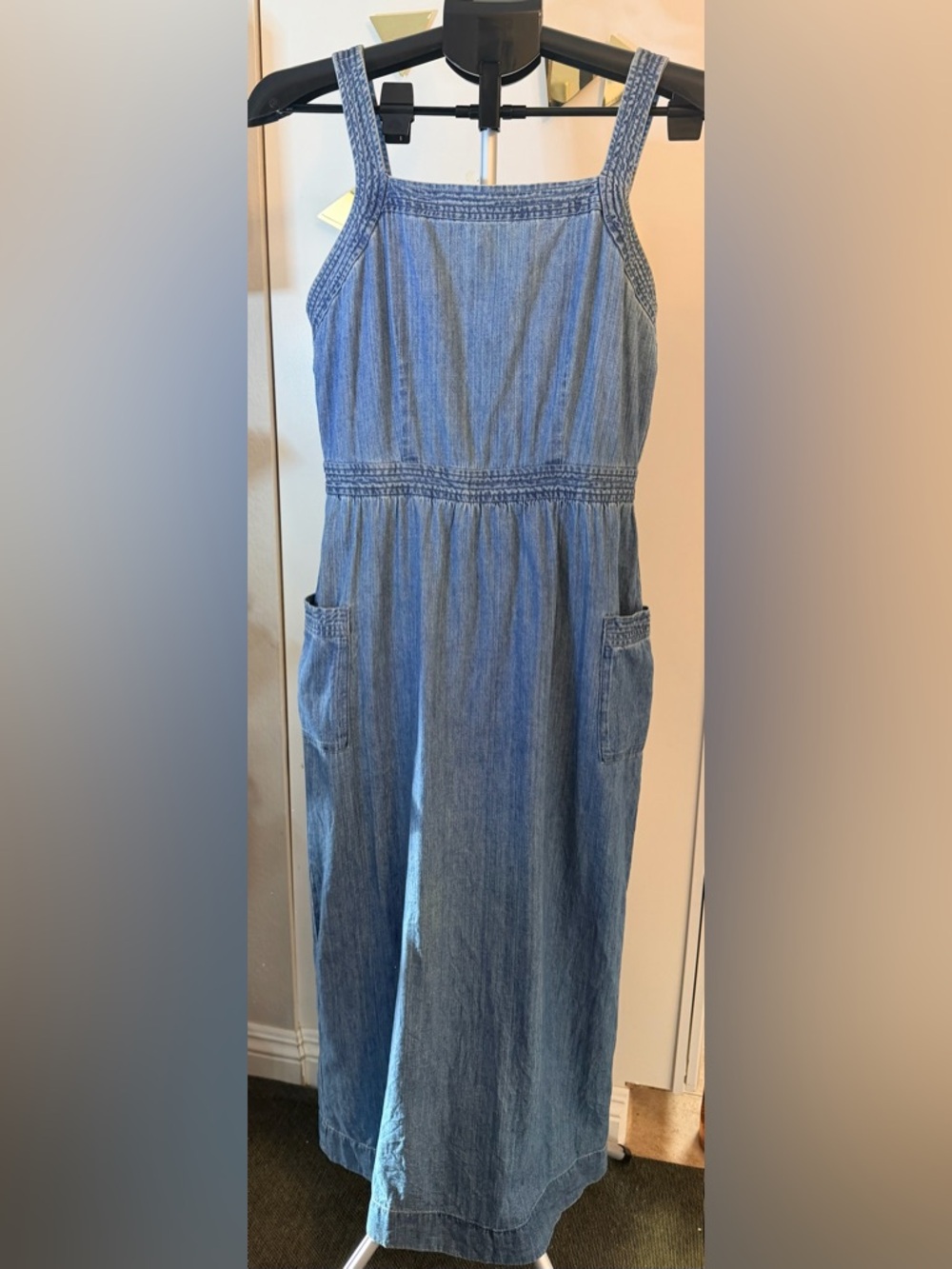 Madewell Strappy Blue Denim Apron Cross-Back Button-Down Midi Dress Size 4T - Picture 3 of 13